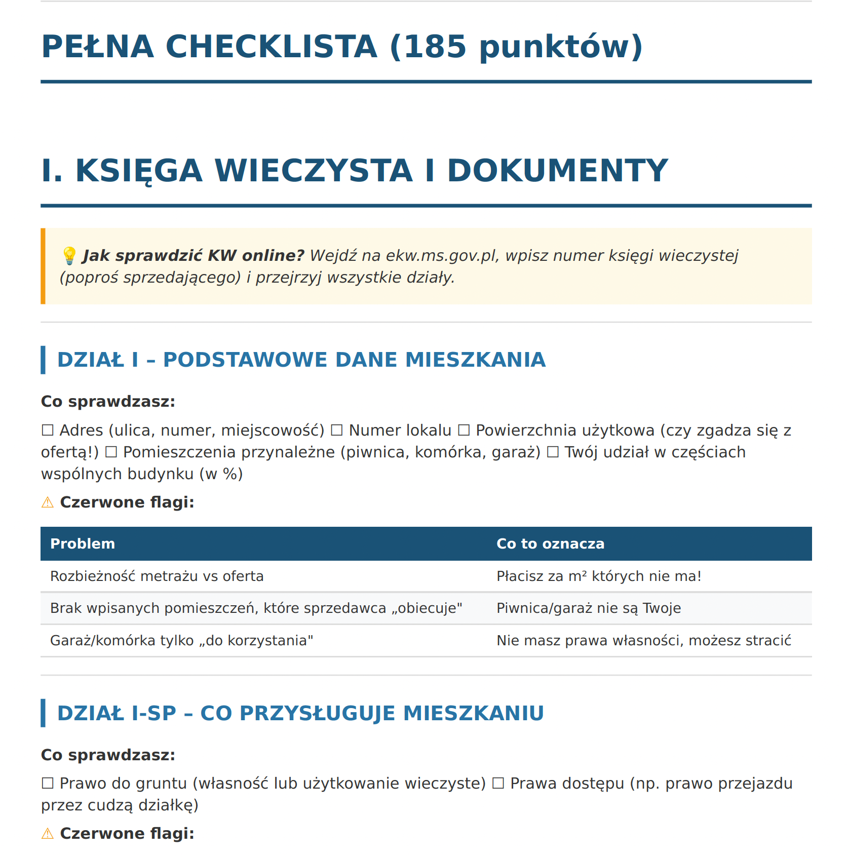 Rozdział Księga Wieczysta — checkboxy, czerwone flagi, tabele