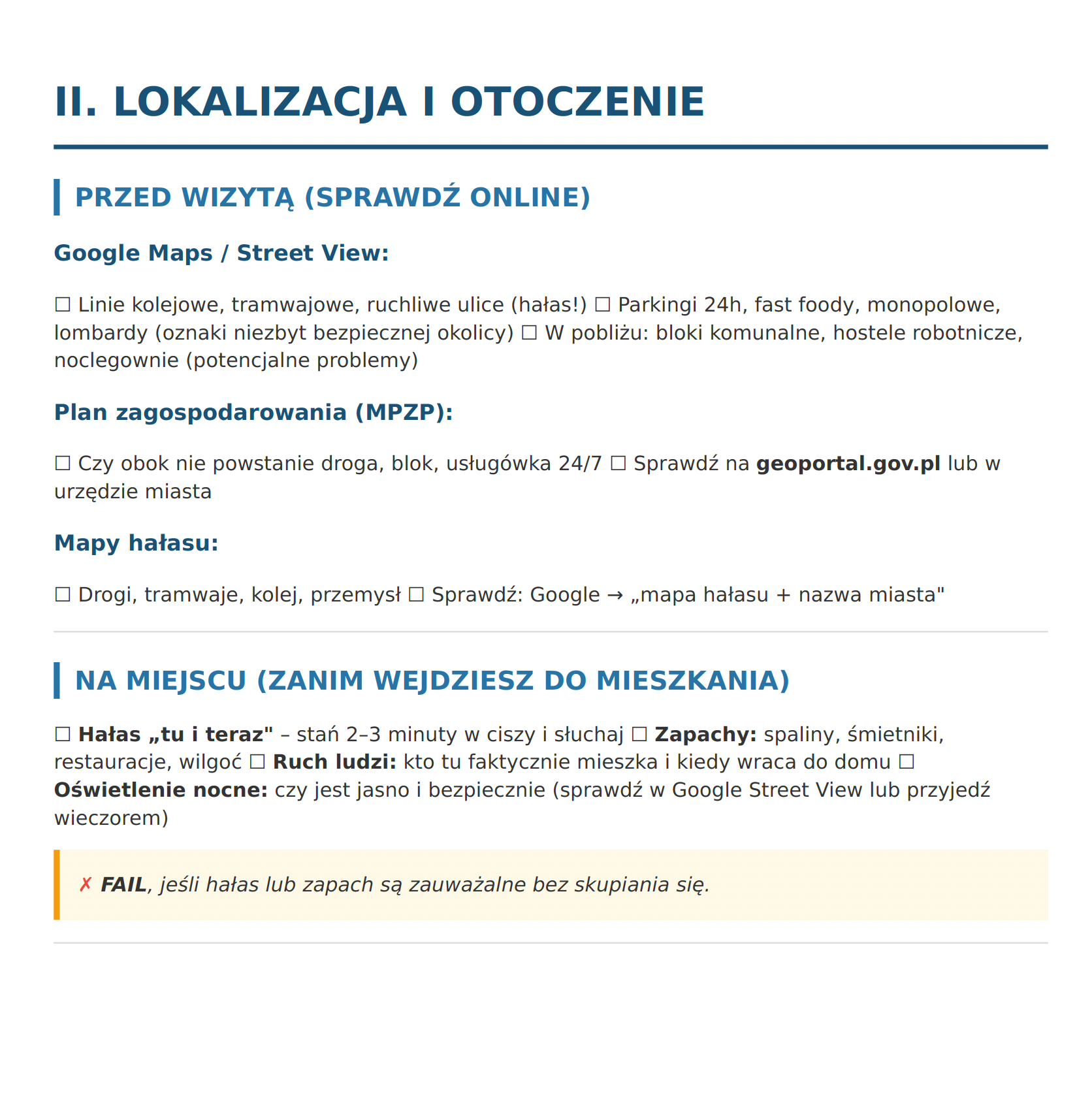 Rozdział Lokalizacja — co sprawdzić przed wizytą i na miejscu