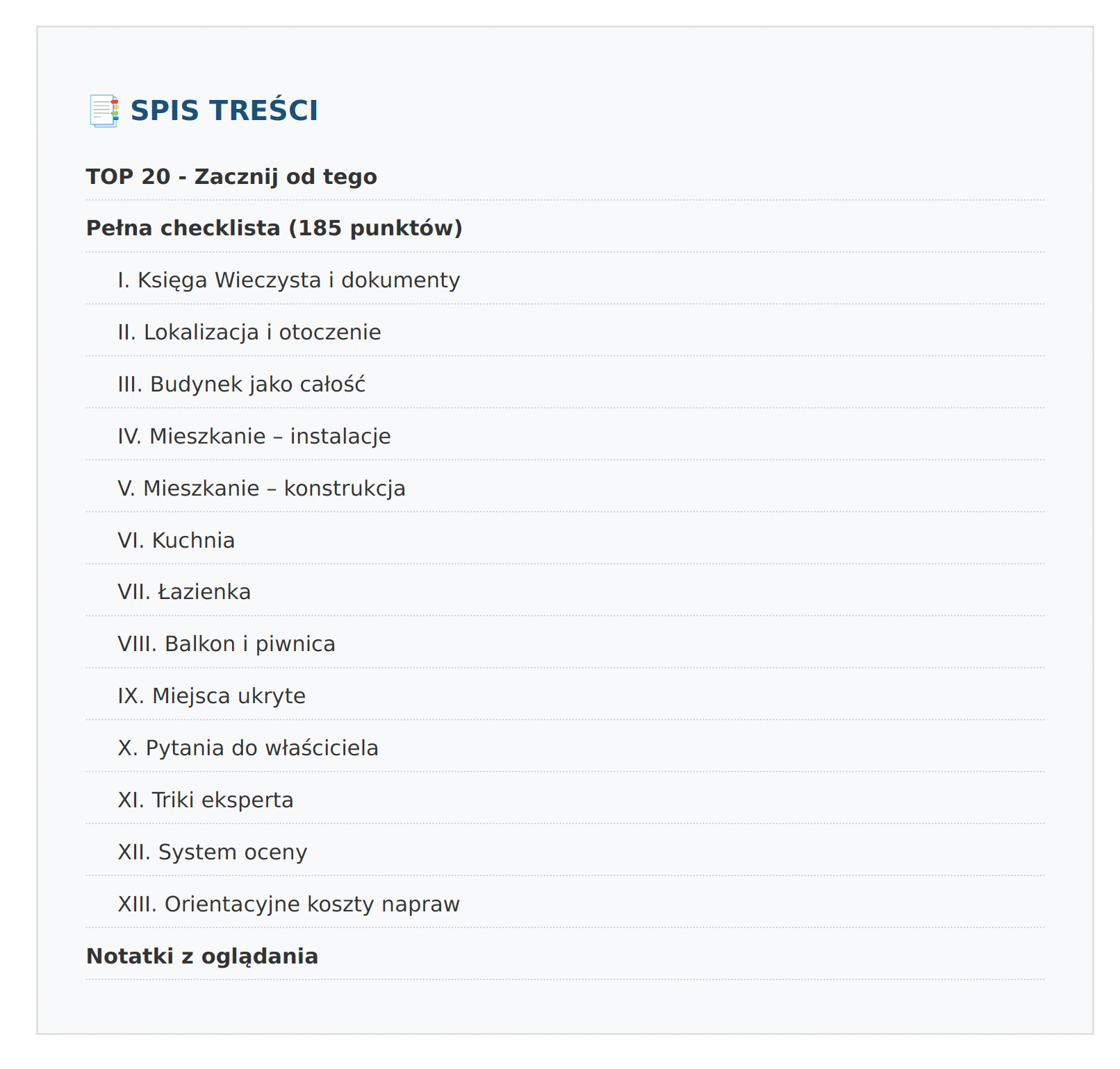 Spis treści checklisty — 13 kategorii + TOP 20
